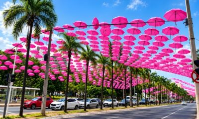 Mais de 1,5 mil guarda - chuvas rosas transformam trecho da Praça Tamandaré em Goiânia.